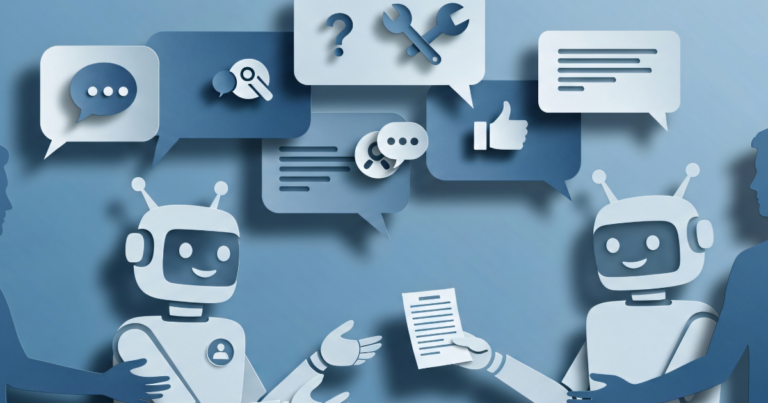 Cartoon robots with speaking bubbles showing tools and graphs