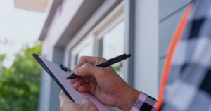 hand holding a pen to paper on a clipboard